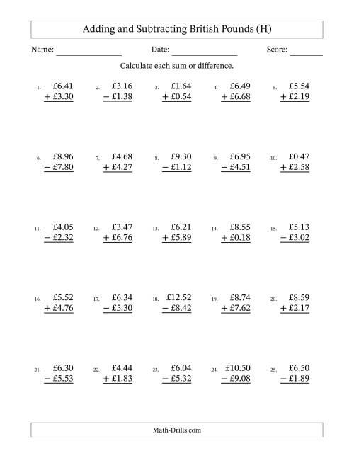 The Adding and Subtracting British Pounds With Amounts from 0.01 to 9.99 in Increments of One Pence (H) Math Worksheet