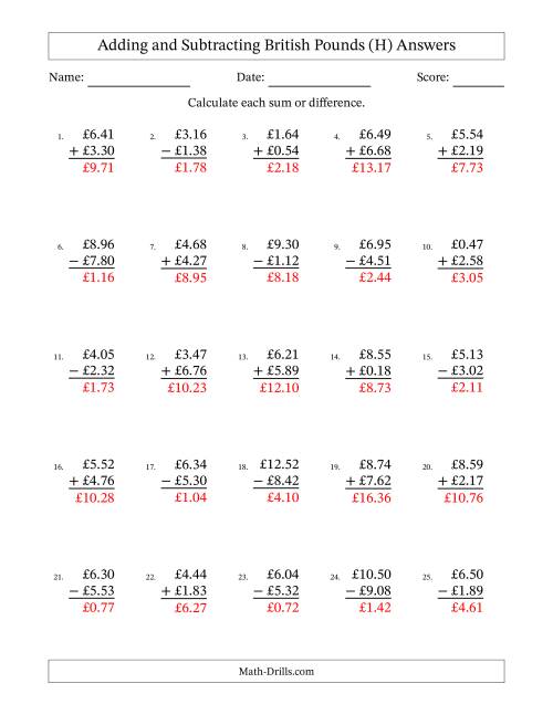 The Adding and Subtracting British Pounds With Amounts from 0.01 to 9.99 in Increments of One Pence (H) Math Worksheet Page 2