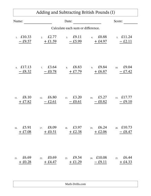 The Adding and Subtracting British Pounds With Amounts from 0.01 to 9.99 in Increments of One Pence (I) Math Worksheet