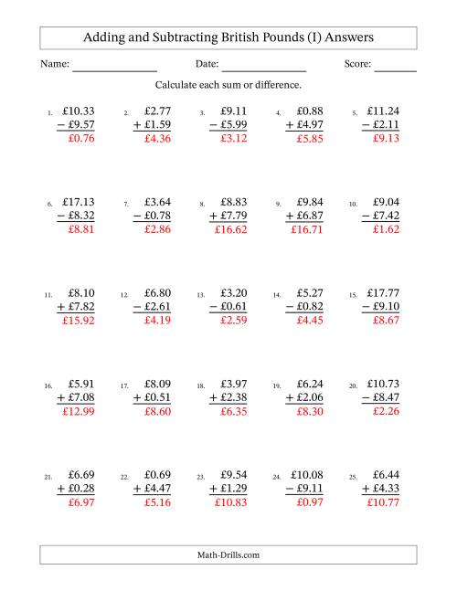 The Adding and Subtracting British Pounds With Amounts from 0.01 to 9.99 in Increments of One Pence (I) Math Worksheet Page 2