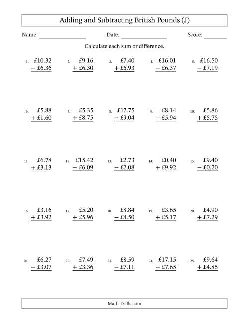 The Adding and Subtracting British Pounds With Amounts from 0.01 to 9.99 in Increments of One Pence (J) Math Worksheet