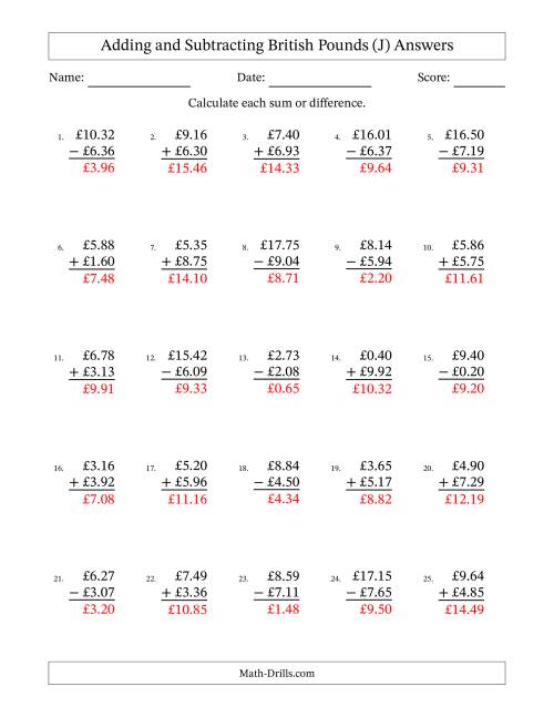 The Adding and Subtracting British Pounds With Amounts from 0.01 to 9.99 in Increments of One Pence (J) Math Worksheet Page 2