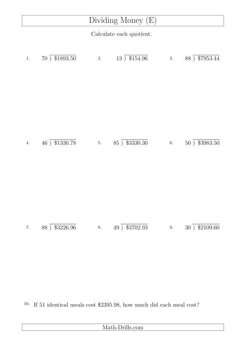 The Dividing Dollar Amounts by Two-Digit Divisors (A4 Size) (E) Math Worksheet
