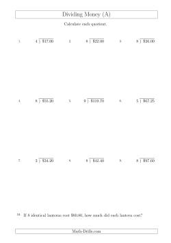 Dividing Dollar Amounts in Increments of 5 Cents by One-Digit Divisors (A4 Size)