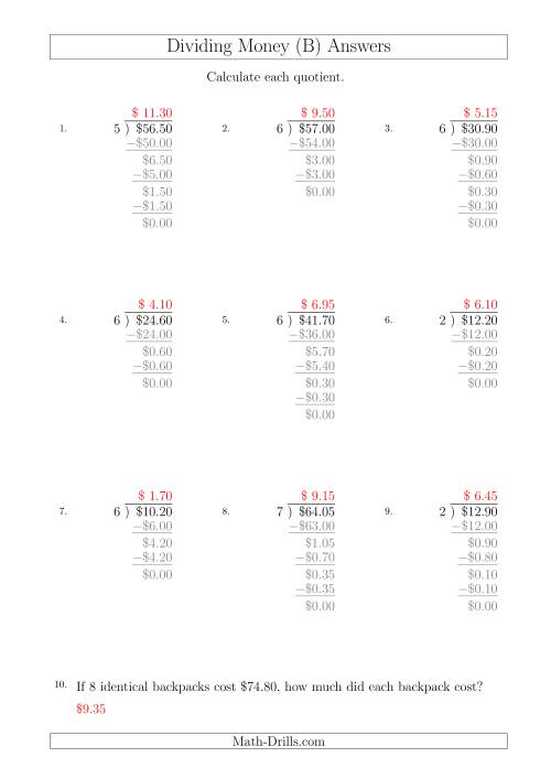 The Dividing Dollar Amounts in Increments of 5 Cents by One-Digit Divisors (A4 Size) (B) Math Worksheet Page 2