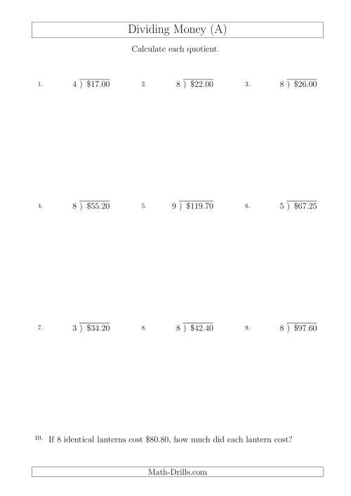 The Dividing Dollar Amounts in Increments of 5 Cents by One-Digit Divisors (A4 Size) (All) Math Worksheet