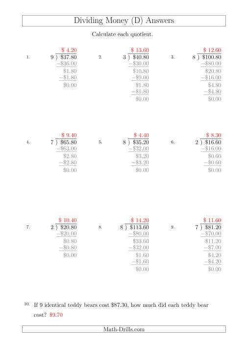 The Dividing Dollar Amounts in Increments of 10 Cents by One-Digit Divisors (A4 Size) (D) Math Worksheet Page 2
