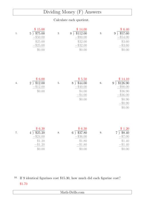 The Dividing Dollar Amounts in Increments of 10 Cents by One-Digit Divisors (A4 Size) (F) Math Worksheet Page 2