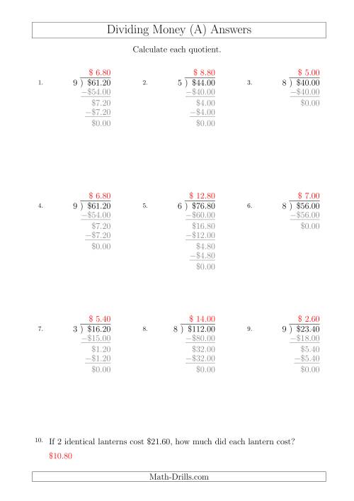 Dividing Dollar Amounts in Increments of 20 Cents by One-Digit Divisors