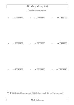 Dividing Dollar Amounts in Increments of 20 Cents by Two-Digit Divisors (A4 Size)