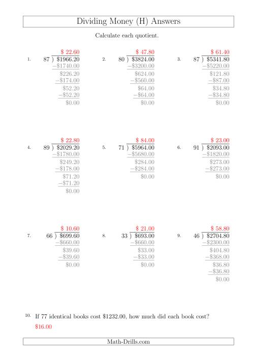 The Dividing Dollar Amounts in Increments of 20 Cents by Two-Digit Divisors (A4 Size) (H) Math Worksheet Page 2