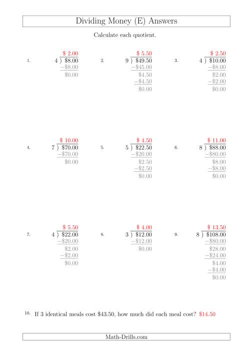 The Dividing Dollar Amounts in Increments of 50 Cents by One-Digit Divisors (A4 Size) (E) Math Worksheet Page 2