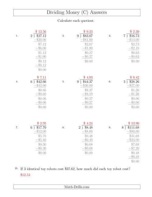 The Dividing Dollar Amounts by One-Digit Divisors (C) Math Worksheet Page 2