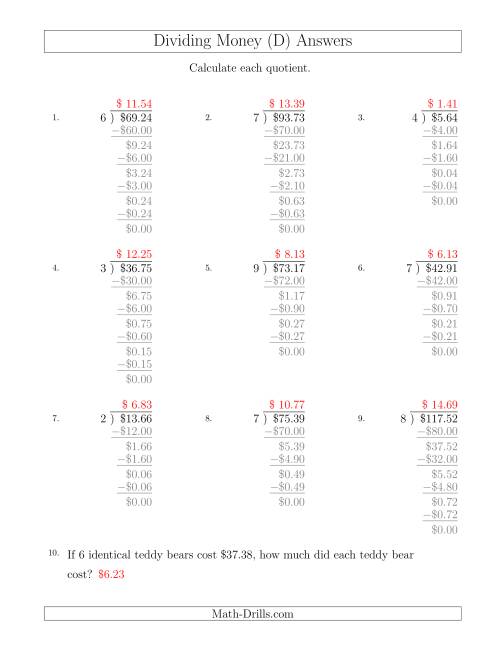 The Dividing Dollar Amounts by One-Digit Divisors (D) Math Worksheet Page 2