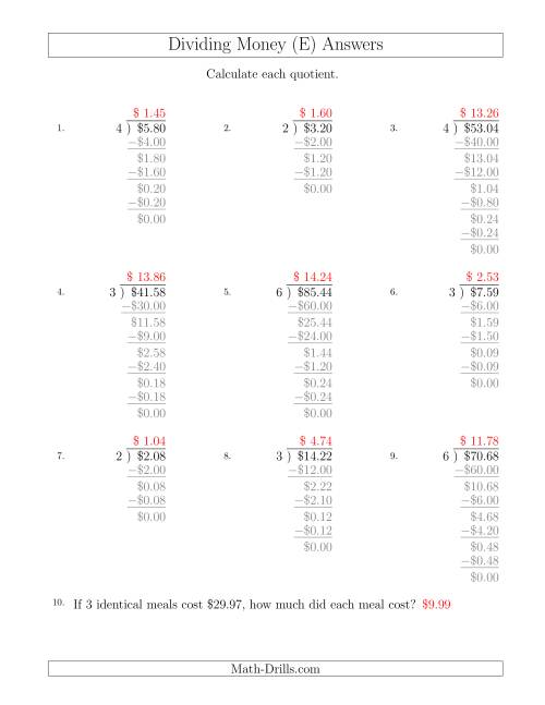 The Dividing Dollar Amounts by One-Digit Divisors (E) Math Worksheet Page 2