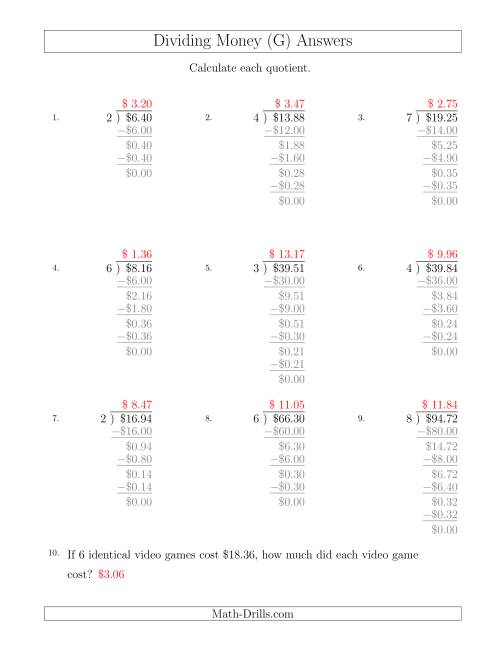 The Dividing Dollar Amounts by One-Digit Divisors (G) Math Worksheet Page 2