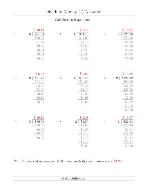 The Dividing Dollar Amounts by One-Digit Divisors (I) Math Worksheet Page 2
