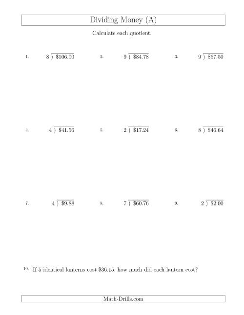 The Dividing Dollar Amounts by One-Digit Divisors (All) Math Worksheet