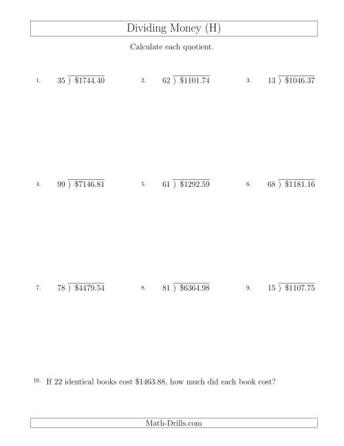 The Dividing Dollar Amounts by Two-Digit Divisors (H) Math Worksheet