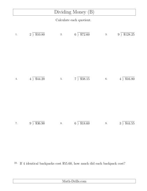 The Dividing Dollar Amounts in Increments of 5 Cents by One-Digit Divisors (B) Math Worksheet
