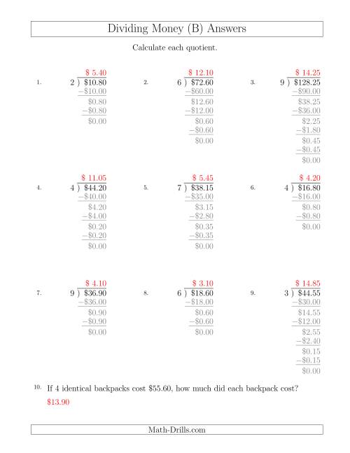 The Dividing Dollar Amounts in Increments of 5 Cents by One-Digit Divisors (B) Math Worksheet Page 2
