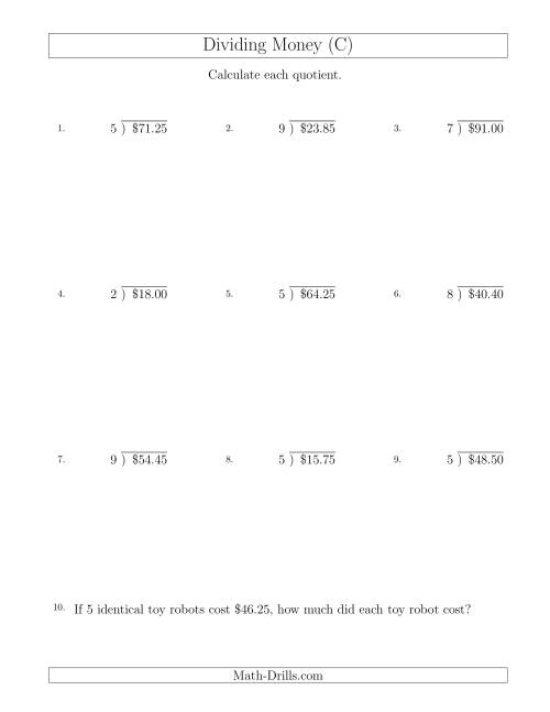 The Dividing Dollar Amounts in Increments of 5 Cents by One-Digit Divisors (C) Math Worksheet