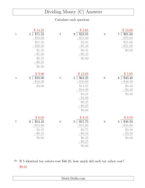 The Dividing Dollar Amounts in Increments of 5 Cents by One-Digit Divisors (C) Math Worksheet Page 2