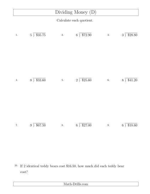 The Dividing Dollar Amounts in Increments of 5 Cents by One-Digit Divisors (D) Math Worksheet