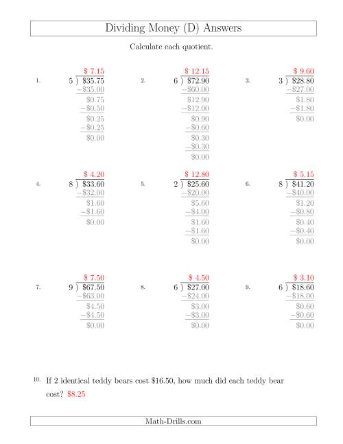 The Dividing Dollar Amounts in Increments of 5 Cents by One-Digit Divisors (D) Math Worksheet Page 2