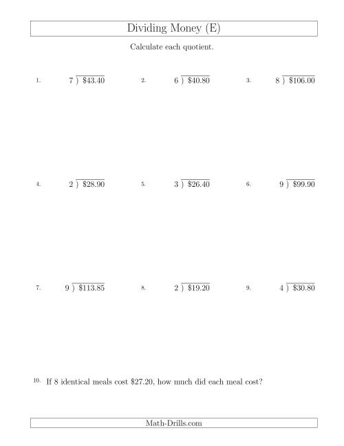 The Dividing Dollar Amounts in Increments of 5 Cents by One-Digit Divisors (E) Math Worksheet