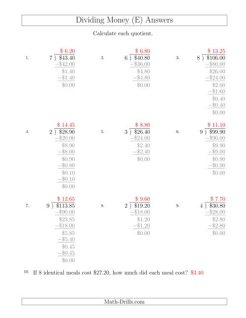The Dividing Dollar Amounts in Increments of 5 Cents by One-Digit Divisors (E) Math Worksheet Page 2