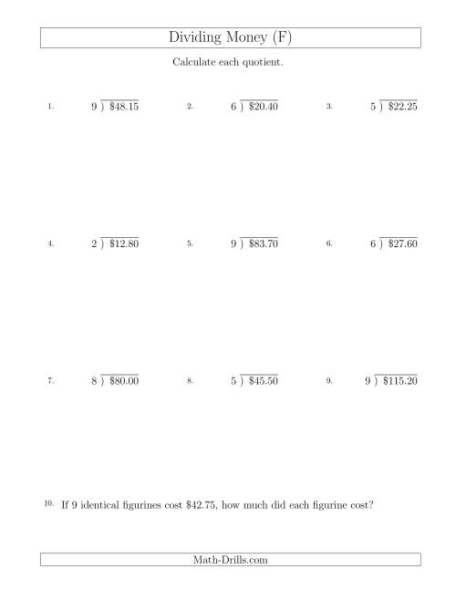 The Dividing Dollar Amounts in Increments of 5 Cents by One-Digit Divisors (F) Math Worksheet