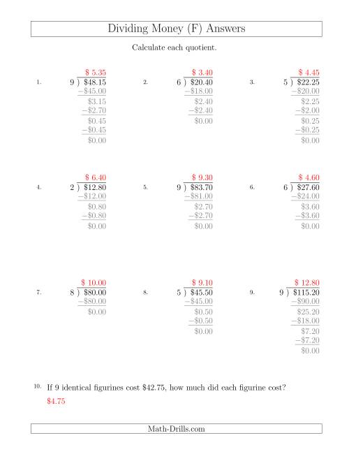 The Dividing Dollar Amounts in Increments of 5 Cents by One-Digit Divisors (F) Math Worksheet Page 2