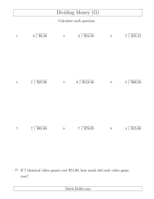 The Dividing Dollar Amounts in Increments of 5 Cents by One-Digit Divisors (G) Math Worksheet