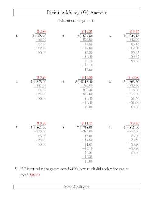 The Dividing Dollar Amounts in Increments of 5 Cents by One-Digit Divisors (G) Math Worksheet Page 2