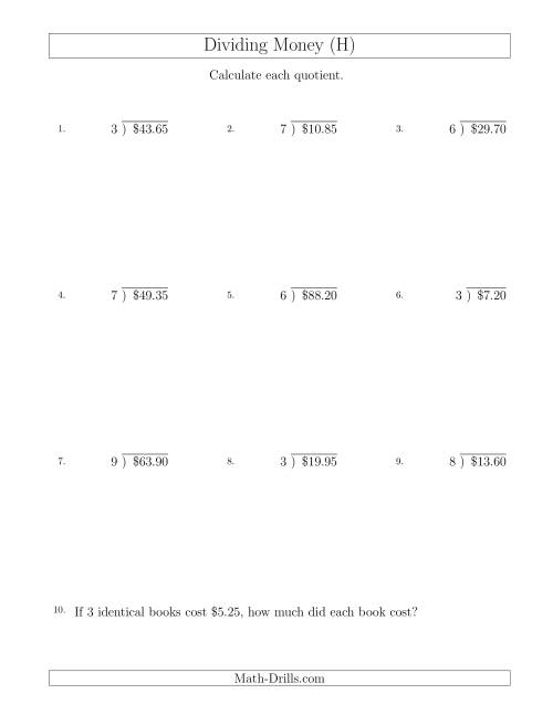 The Dividing Dollar Amounts in Increments of 5 Cents by One-Digit Divisors (H) Math Worksheet