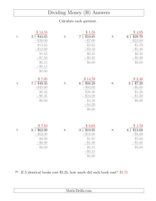 The Dividing Dollar Amounts in Increments of 5 Cents by One-Digit Divisors (H) Math Worksheet Page 2