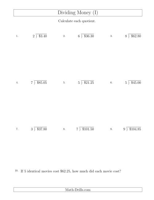 The Dividing Dollar Amounts in Increments of 5 Cents by One-Digit Divisors (I) Math Worksheet