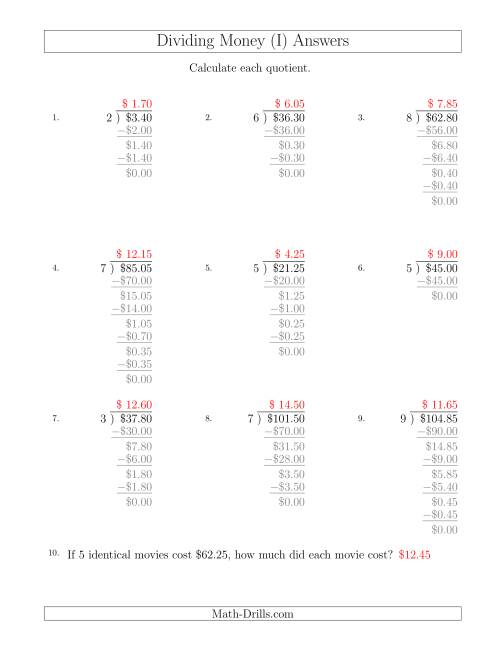 The Dividing Dollar Amounts in Increments of 5 Cents by One-Digit Divisors (I) Math Worksheet Page 2