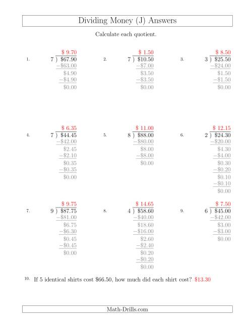 The Dividing Dollar Amounts in Increments of 5 Cents by One-Digit Divisors (J) Math Worksheet Page 2