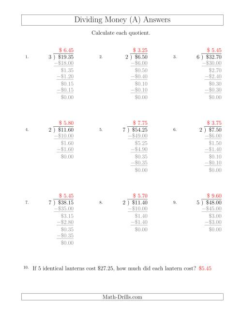 The Dividing Dollar Amounts in Increments of 5 Cents by One-Digit Divisors (All) Math Worksheet Page 2