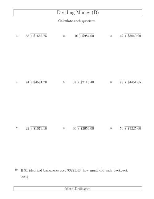 The Dividing Dollar Amounts in Increments of 5 Cents by Two-Digit Divisors (B) Math Worksheet