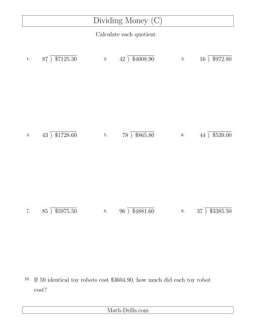 The Dividing Dollar Amounts in Increments of 5 Cents by Two-Digit Divisors (C) Math Worksheet
