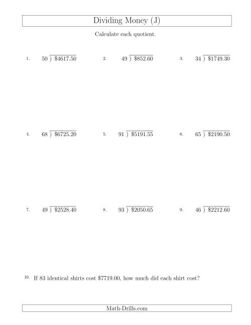 The Dividing Dollar Amounts in Increments of 5 Cents by Two-Digit Divisors (J) Math Worksheet