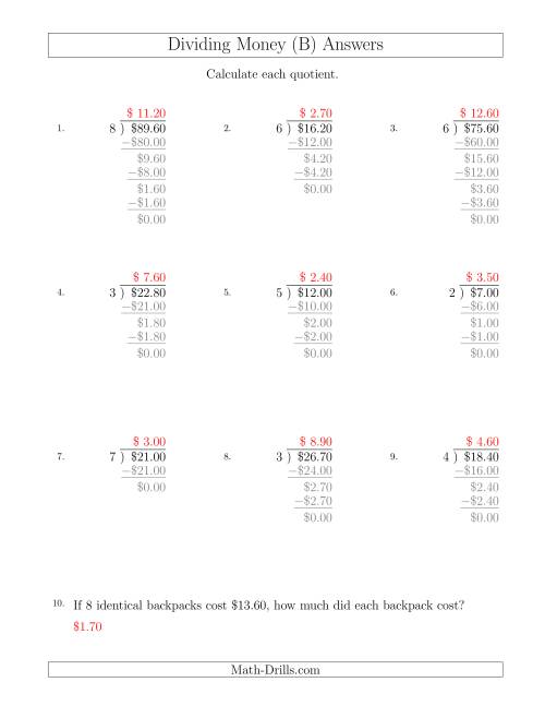The Dividing Dollar Amounts in Increments of 10 Cents by One-Digit Divisors (B) Math Worksheet Page 2