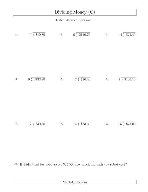 The Dividing Dollar Amounts in Increments of 10 Cents by One-Digit Divisors (C) Math Worksheet