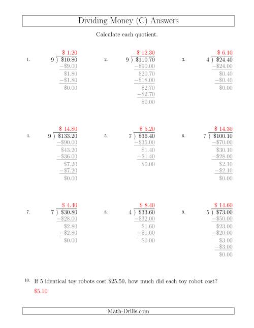 The Dividing Dollar Amounts in Increments of 10 Cents by One-Digit Divisors (C) Math Worksheet Page 2