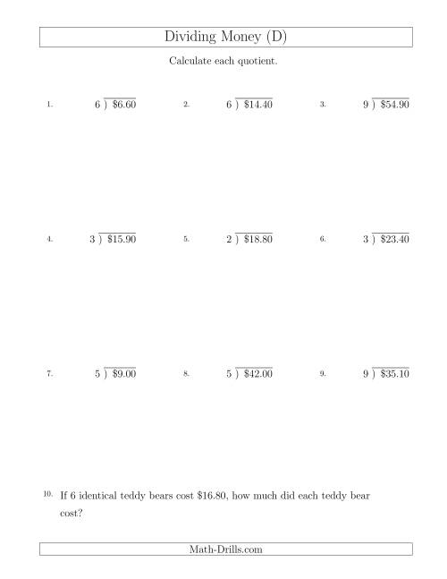 The Dividing Dollar Amounts in Increments of 10 Cents by One-Digit Divisors (D) Math Worksheet