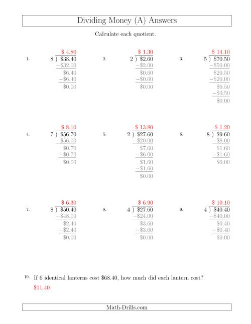 The Dividing Dollar Amounts in Increments of 10 Cents by One-Digit Divisors (All) Math Worksheet Page 2