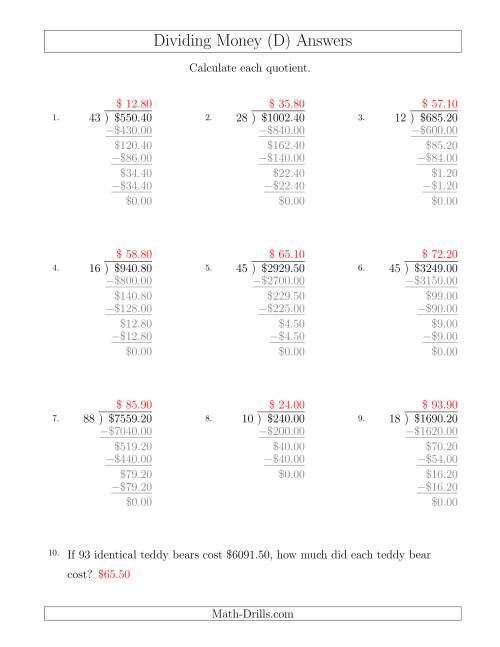 The Dividing Dollar Amounts in Increments of 10 Cents by Two-Digit Divisors (D) Math Worksheet Page 2